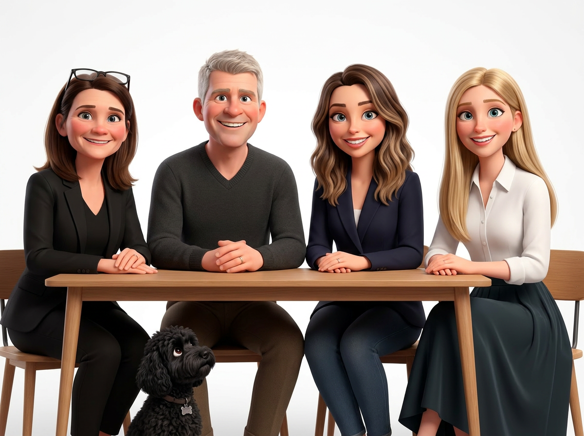 Animated portrait of the Captivation AI team seated at a table with Molly the dog.