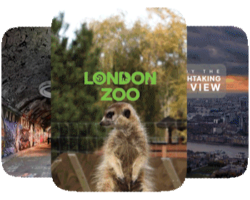 A carousel of visual destination guide examples, including London Zoo and London scenes.