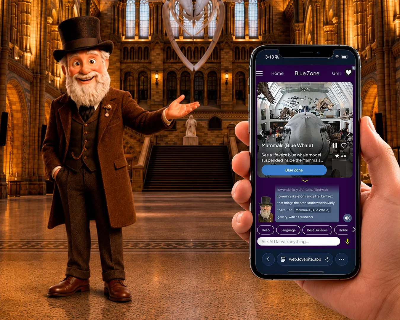 AI Darwin inside the Natural History Museum beside a smartphone showing the museum V-Guide experience.