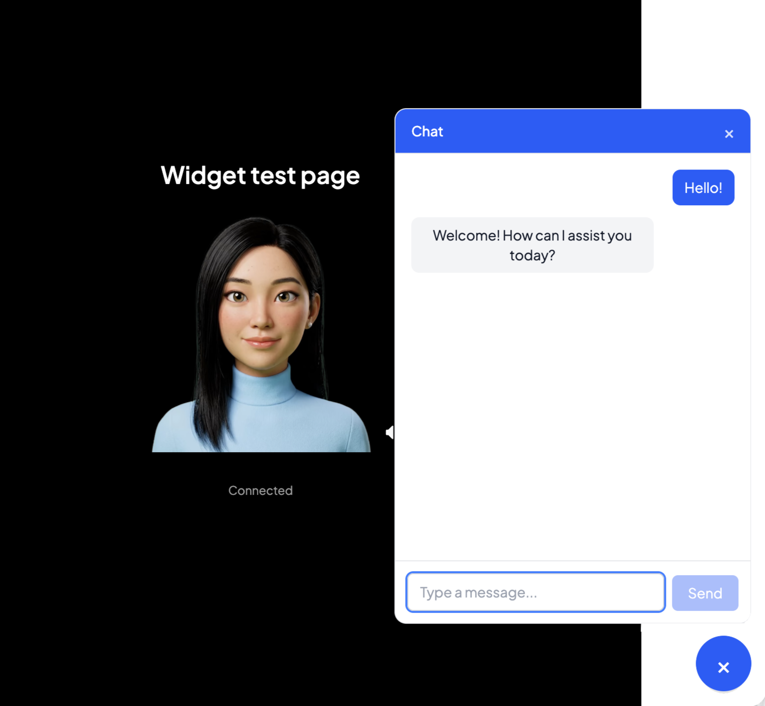 A digital screenshot showing a woman with straight black hair and fair skin, wearing a light blue turtleneck, on a black background with the text 'Widget test page'. To the right, there is a chat window with a blue header labeled 'Chat', showing a conversation where the user text bubble says 'Hello!' and the reply says 'Welcome! How can I assist you today?'.