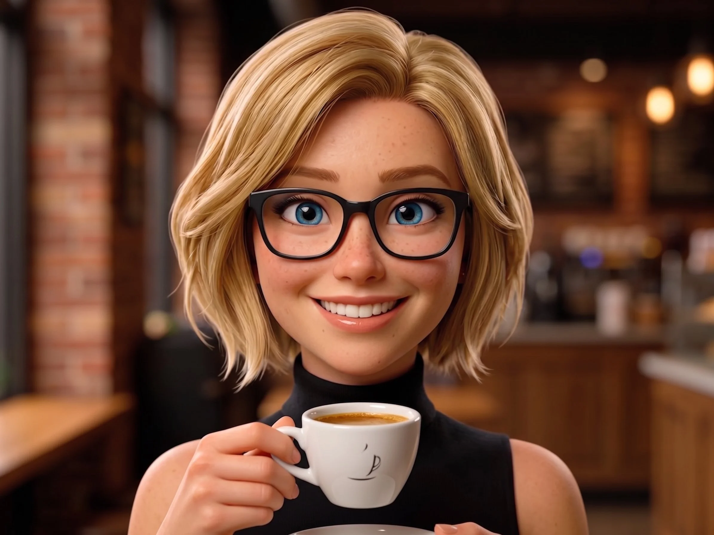 A smiling woman with blonde hair and glasses holding a white coffee cup with a smiley face design inside a coffee shop.