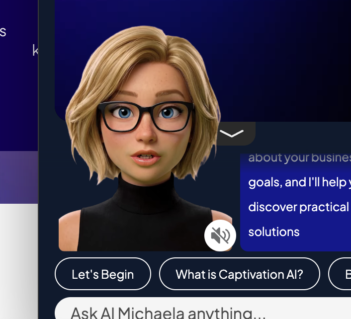 Animated woman with blonde hair, glasses, and a black turtleneck in front of a blue background, likely a digital assistant or AI chatbot interface.
