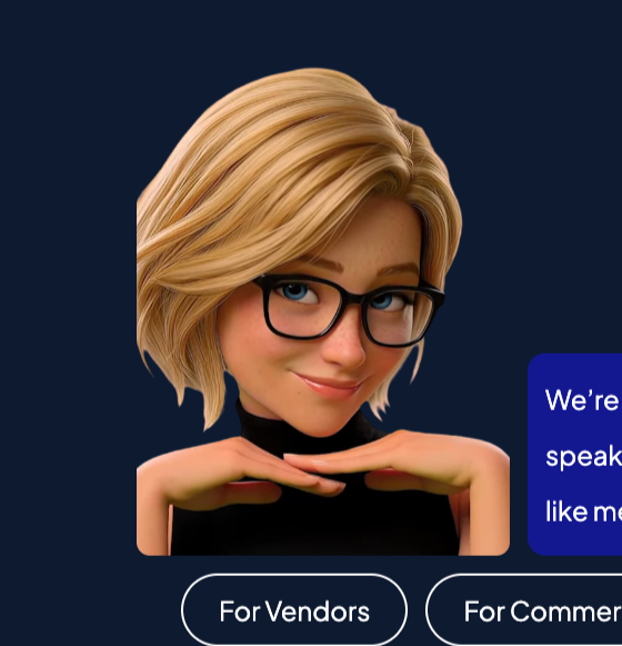 A cartoon woman with blonde hair, glasses, and a black shirt, resting her chin on her hands, with a speech bubble and buttons reading 'For Vendors' and 'For Commerce'.