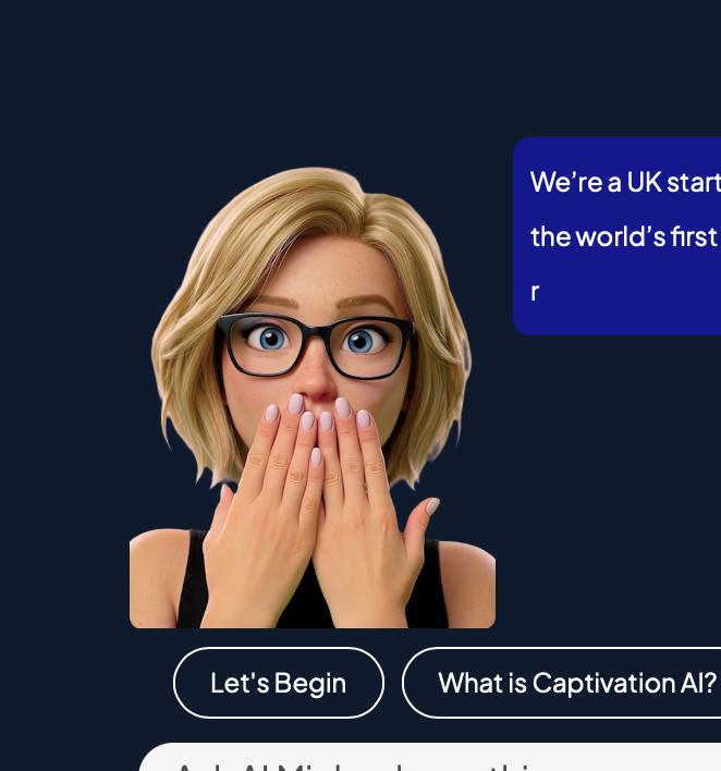 A animated woman with blonde hair, glasses, and a surprised expression covering her mouth with her hands, on a digital interface with buttons and text.