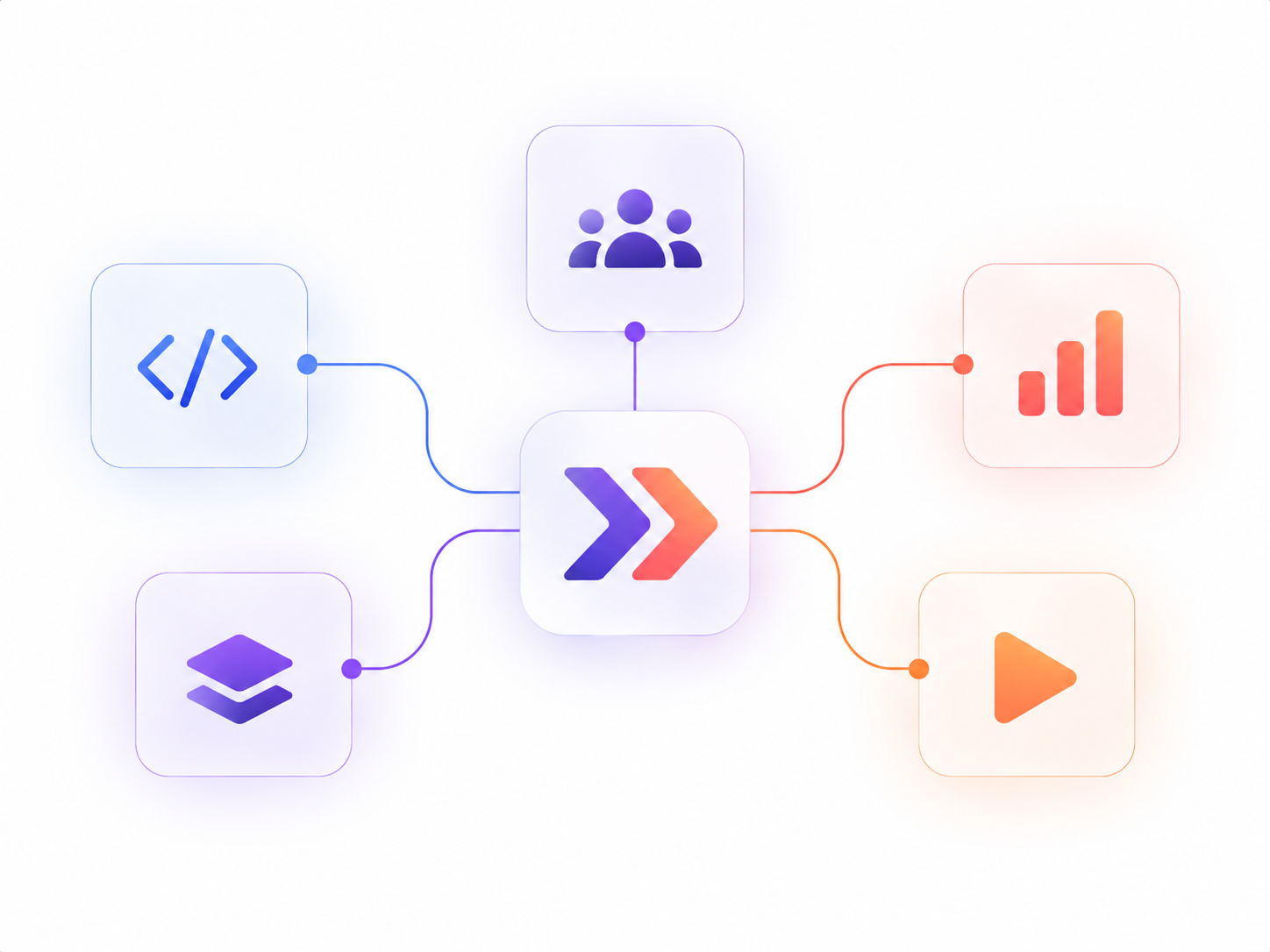 Illustration of interconnected icons representing coding, collaboration, data analysis, media, and user groups around a central arrow icon.