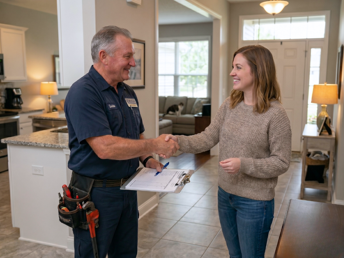 A master plumber in a work uniform shaking hands with a woman inside a house, smiling. The woman is wearing a beige sweater and jeans. The background shows a living room with large windows and natural light.