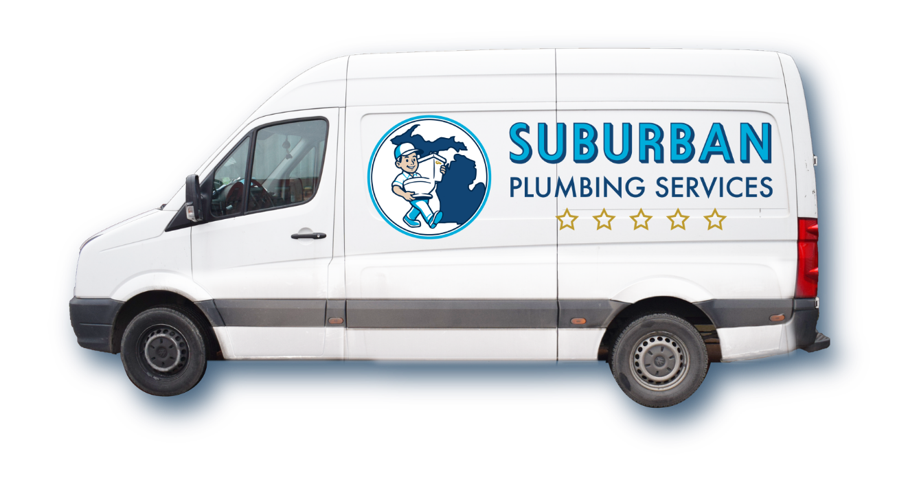 White delivery van with logo of a plumber in front of a map of Michigan, advertising Suburban Plumbing Services with four gold stars.