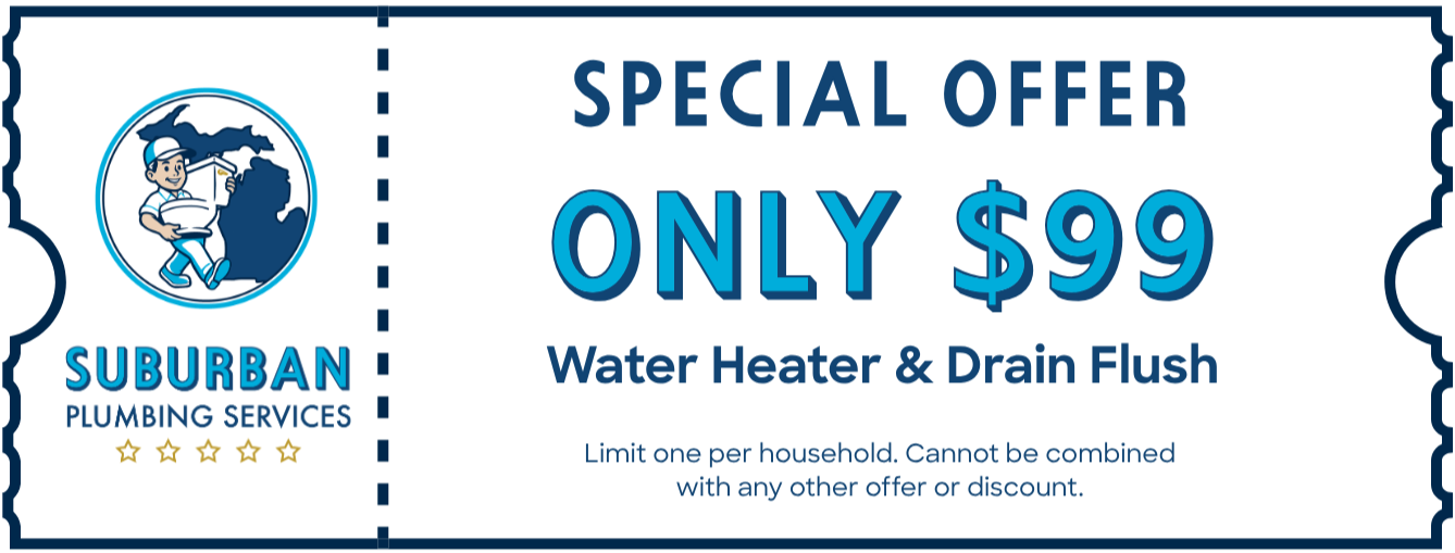 Coupon for Suburban Plumbing Services offering water heater and drain flush for $99. Includes company logo with a person holding a pipe, and details about the offer.
