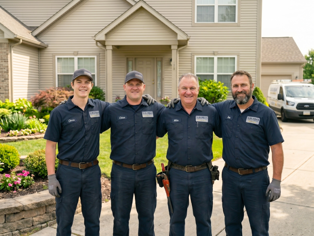 Four plumbers standing in front of a house, smiling, with gardening tools and a van nearby.