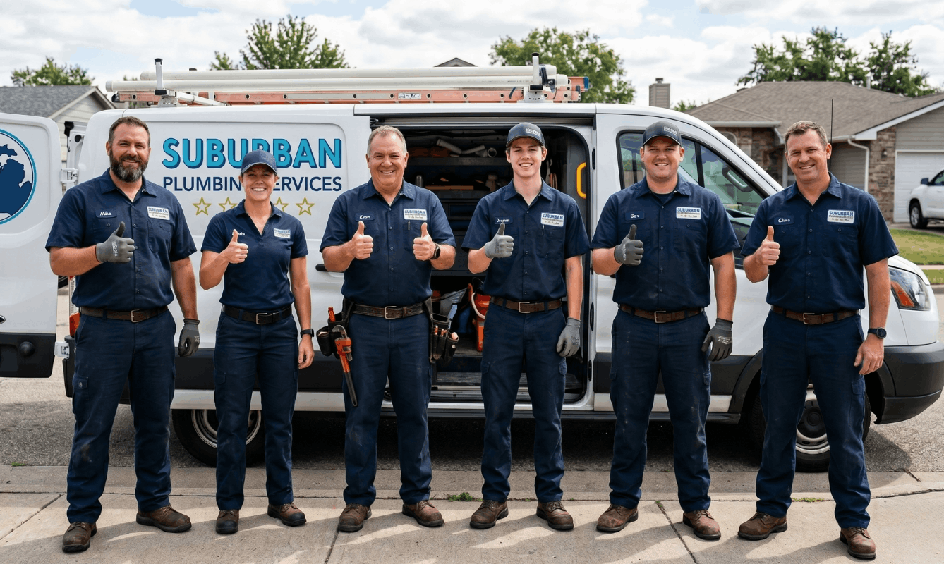 Six plumbing service workers in uniform standing in front of a van, giving thumbs up.