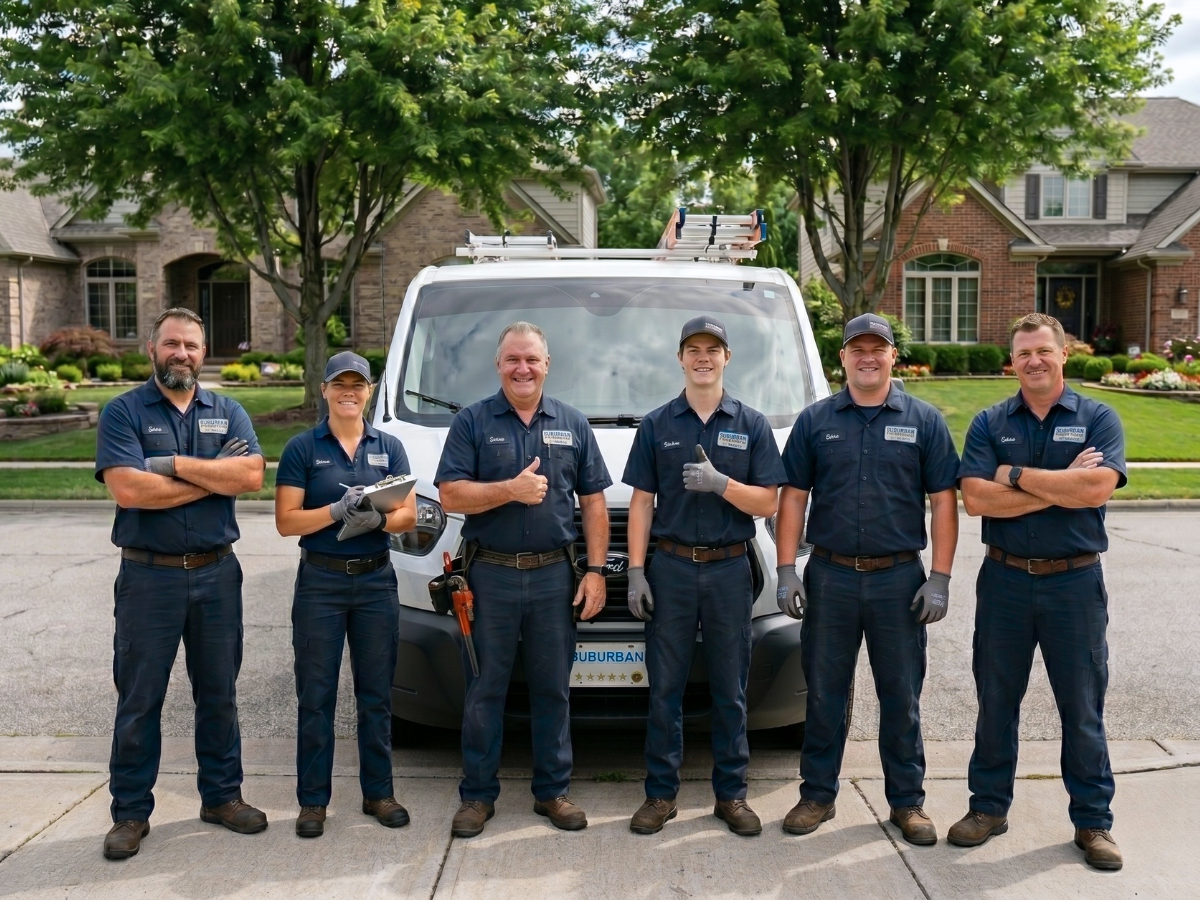 Six home service workers standing in front of a white van, smiling and posing with thumbs up and crossed arms on a suburban street with houses and trees in the background.