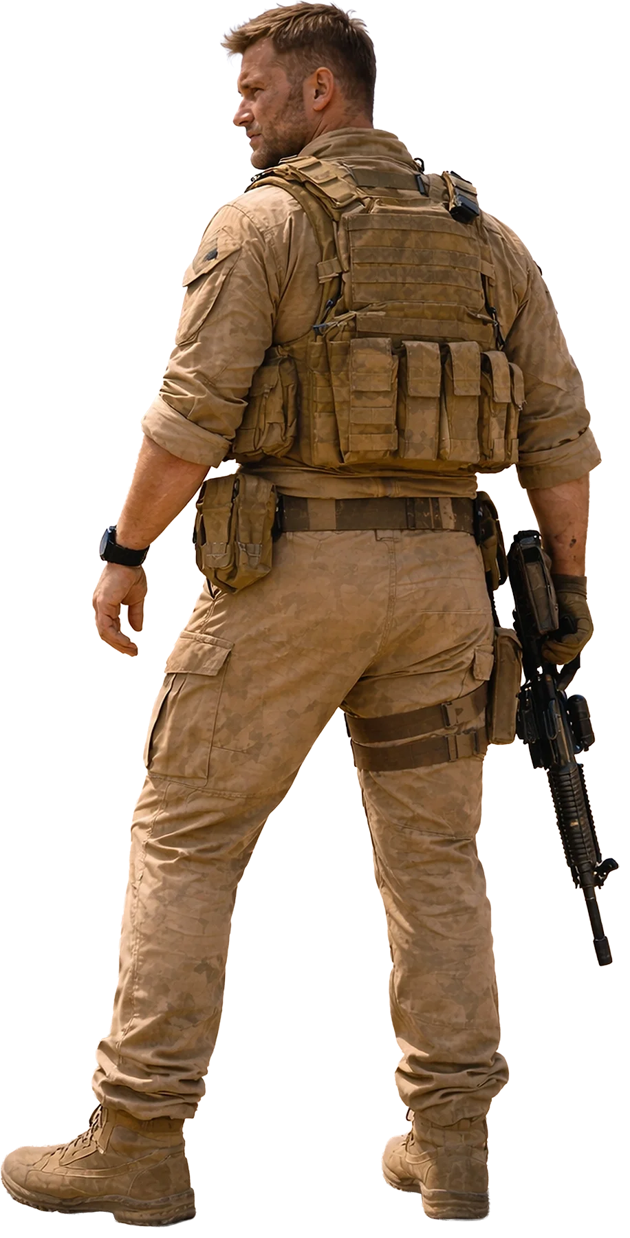 A soldier in desert camouflage uniform and tactical gear, holding a rifle, standing with his back partially turned, against a plain background.