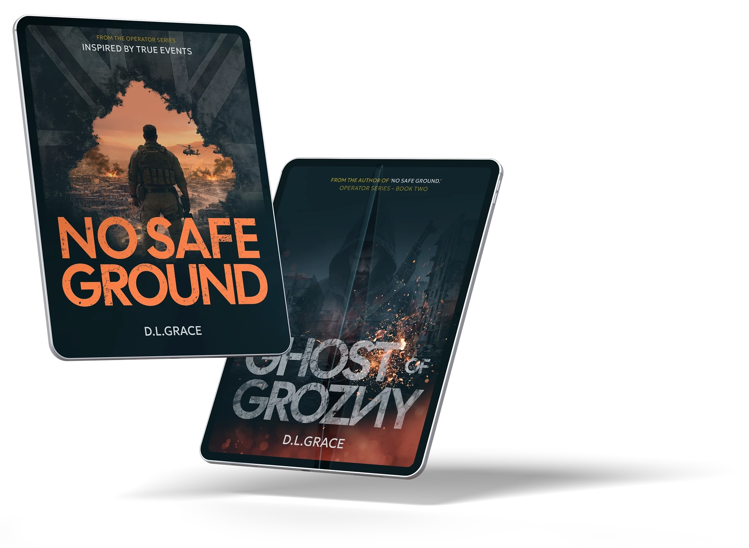 Book covers for "No Safe Ground" by D.L. Grace, depicting a soldier overlooking a city with explosions and smoke, with a helicopter in the sky, set against a sunset.