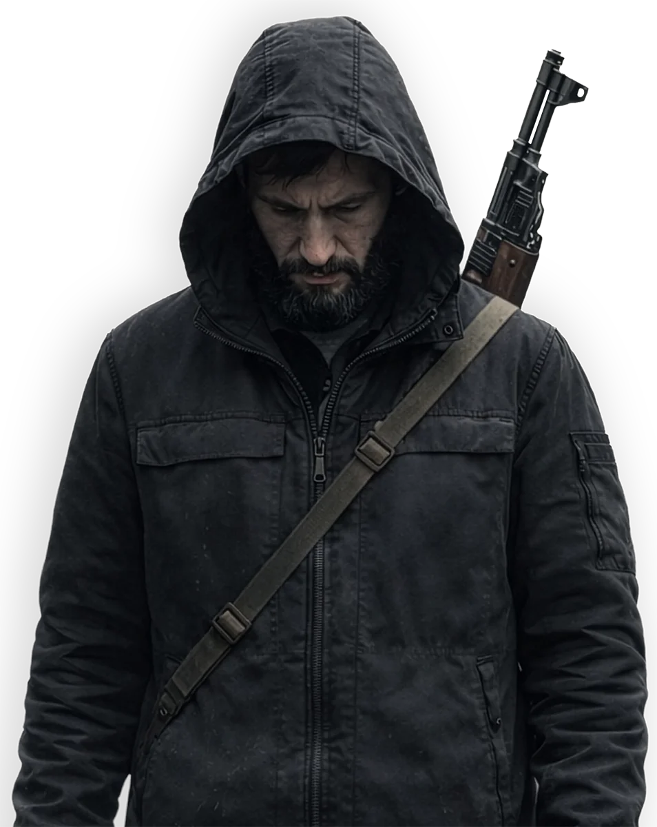 A man with a beard wearing a black hooded jacket and carrying a firearm on his shoulder, looking down with a serious expression.