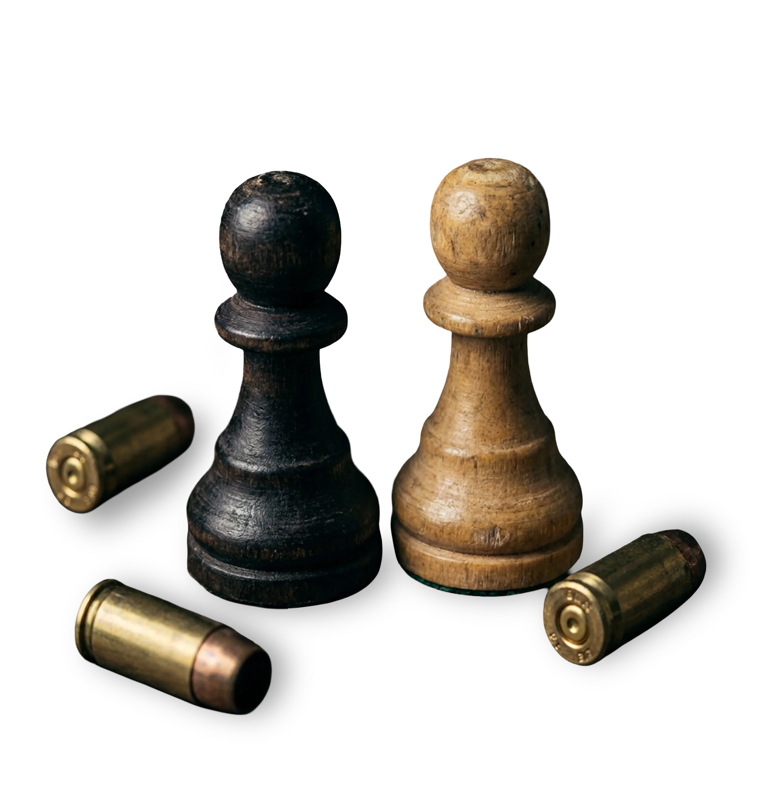 Close-up photograph of bullet casings and bullets, with two wooden chess pawns, one black and one white, placed on a black surface, against a white background.