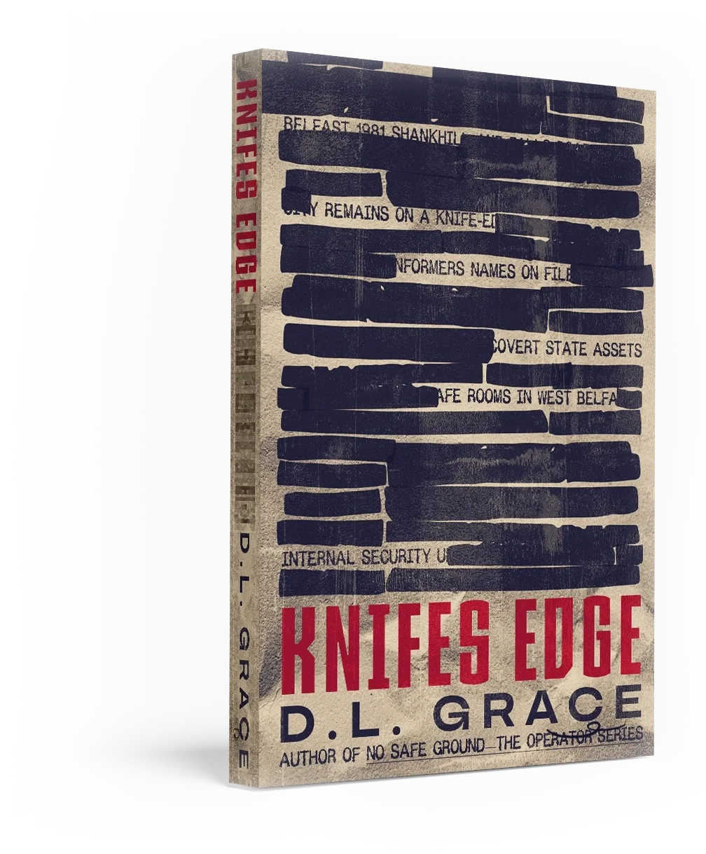 The cover of a book titled 'Knives Edge' by D. L. Grace, featuring black tape strips with red and black text, listing headlines related to espionage and security issues.