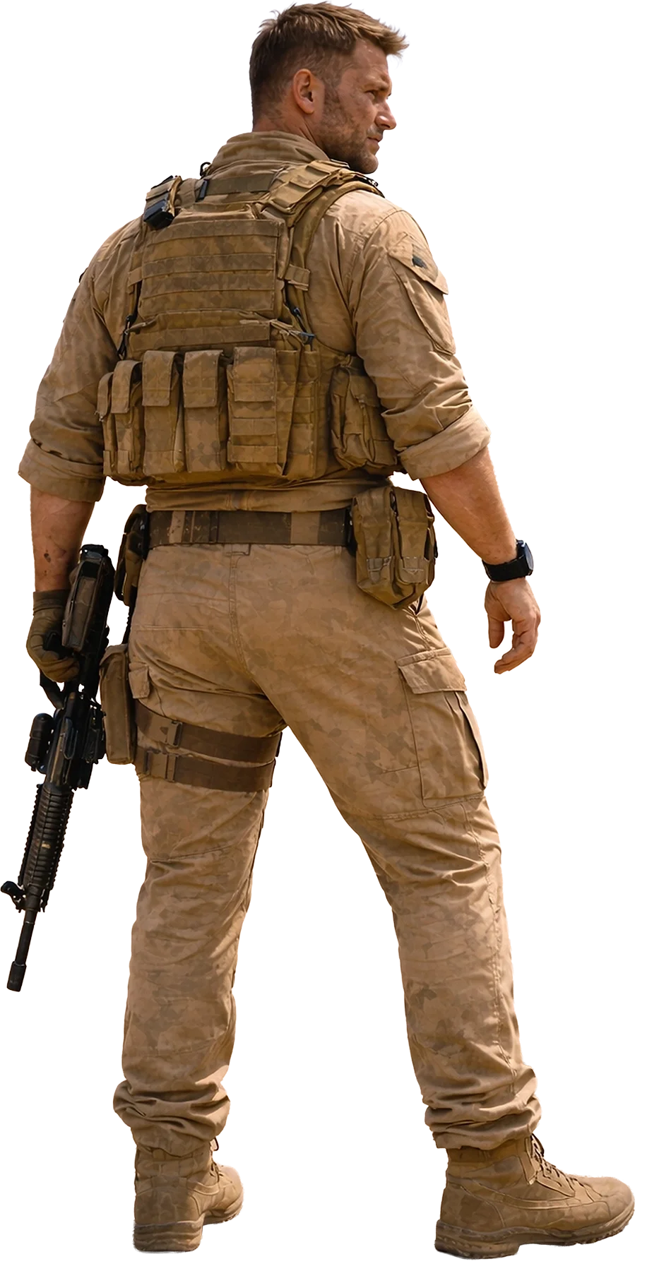 A man dressed in military gear holding a firearm in his right hand, standing with his back partially turned.