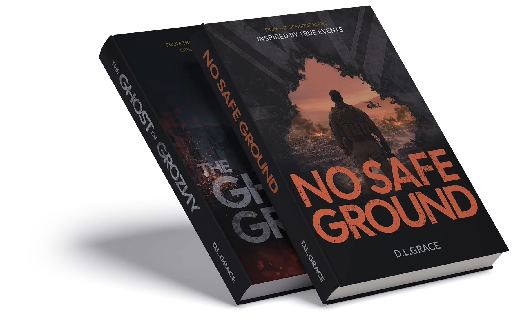 Two paperback books titled 'No Safe Ground' by D.L. Grace, with cover art showing a soldier walking toward a sunset over a city skyline, with helicopters flying overhead, framed by trees.