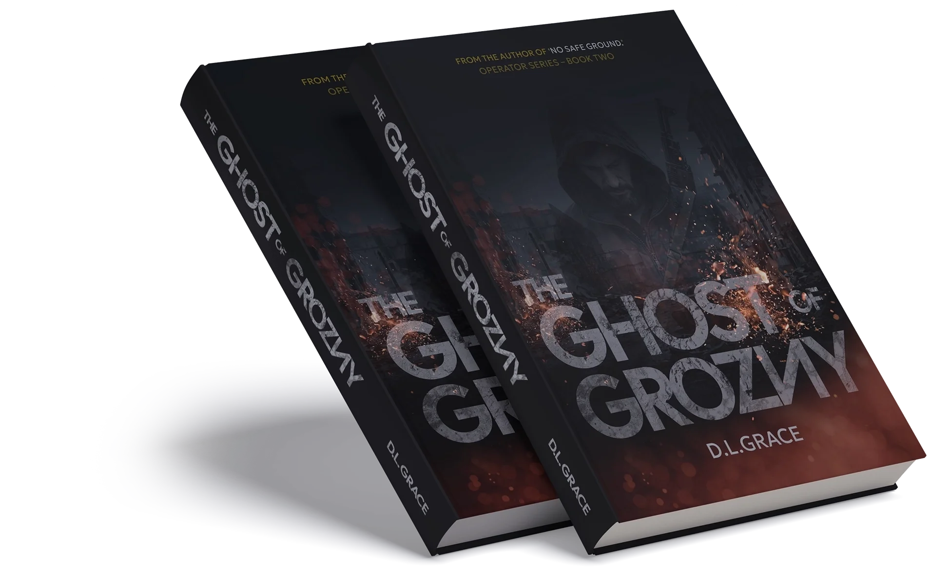 Two copies of the book titled "The Ghost of Grozny" by D.L. Grace, with dark cover art featuring a person in a hoodie and a city at night, illuminated by sparks or fire.