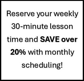 Text promotion encouraging reserving weekly 30-minute lessons, with over 20% savings on monthly scheduling.