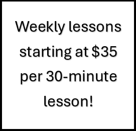 Text on a white background advertising weekly lessons starting at $35 per 30-minute lesson.