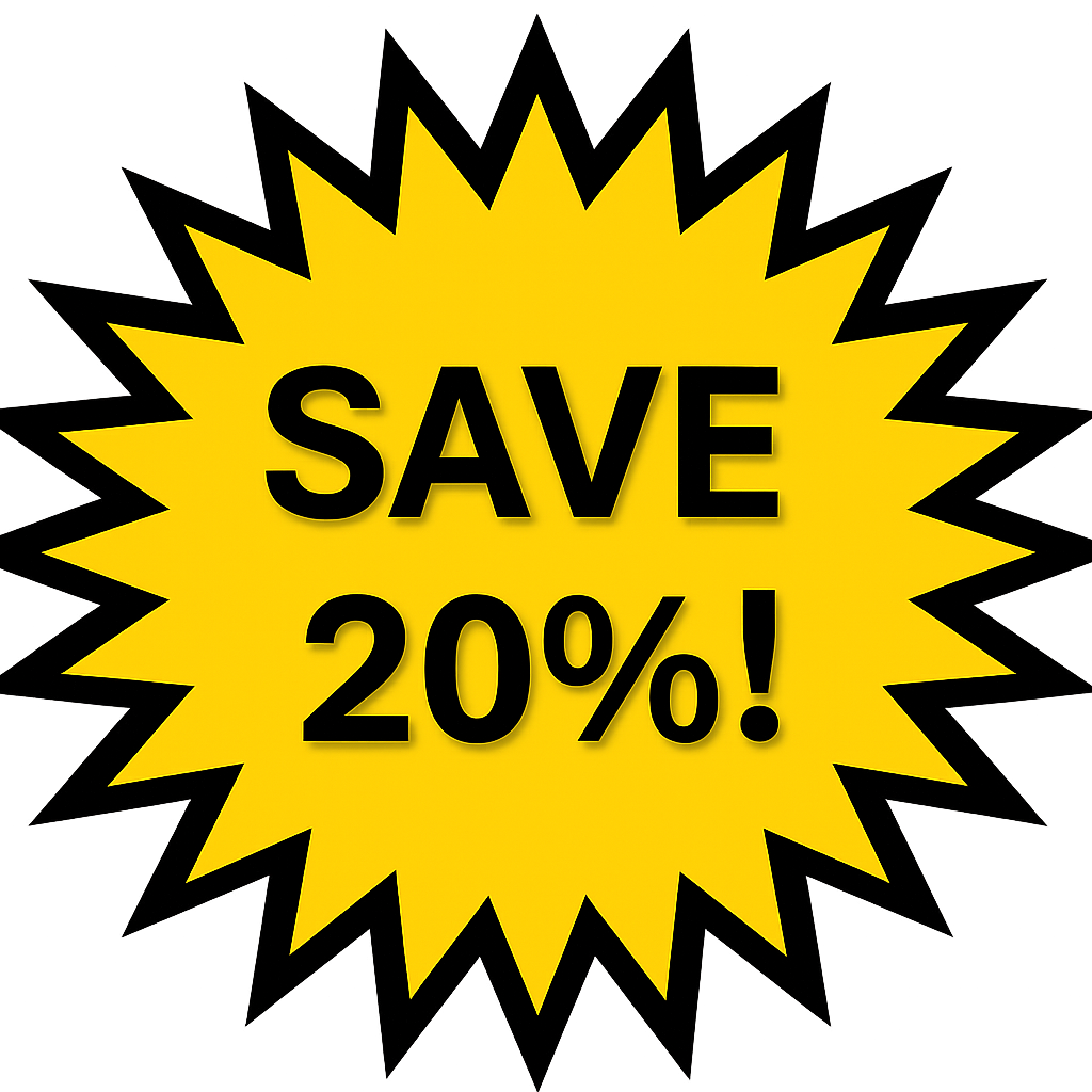 Yellow starburst shape with black outline and text inside reading "SAVE 20%!"