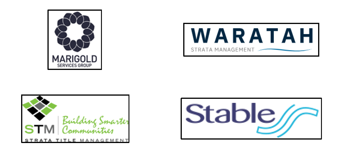 Four logos of different companies, including Marigold Services Group, Waratah Strata Management, STM Strata Title Management with slogan 'Building Smarter Communities,' and Stable.