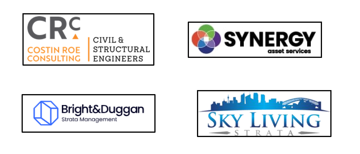 Four different company logos: CRC Civil & Structural Engineers, SYNERGY Asset Services, Bright & Duggan Strata Management, and Sky Living Strata.