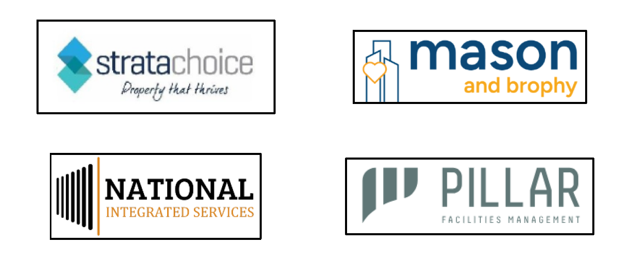 Four logos of different companies, including Strata Choice, Mason and Brophy, National Integrated Services, and Pillar Facilities Management.