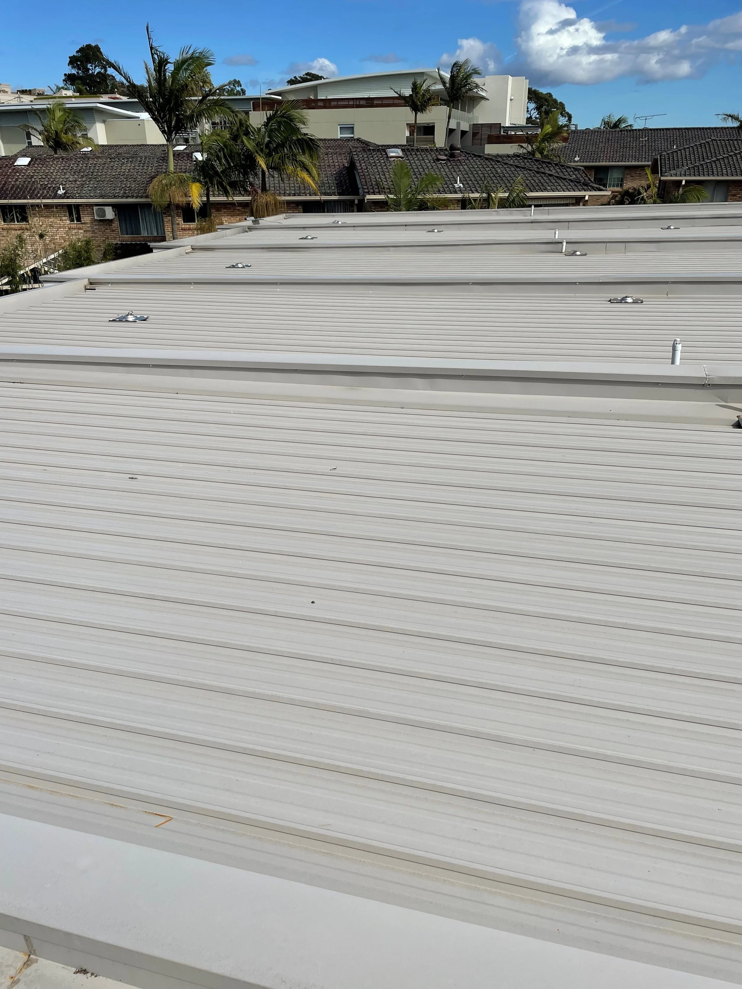 Photo of a flat roof with beige metal panels, featuring several skylights and vents, in front of residential houses with palm trees and a cloudy sky.