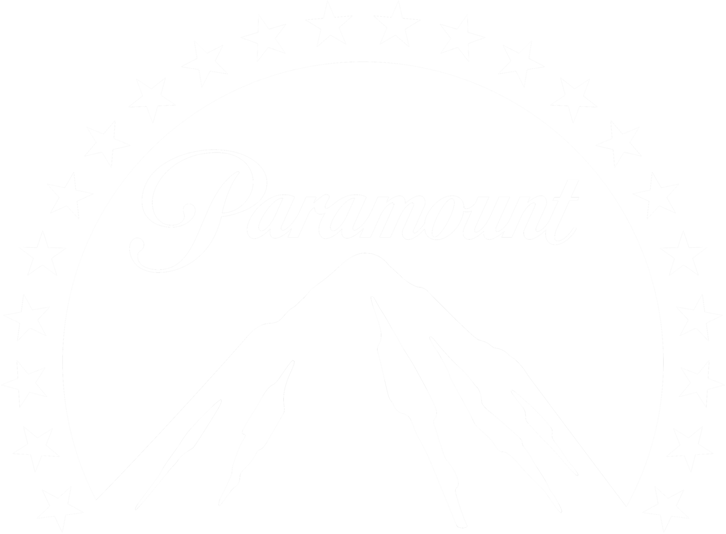 Black and white promotional image for Paramount Pictures featuring a mountain with streaks emanating from the top and stars surrounding the upper arc of the circle.