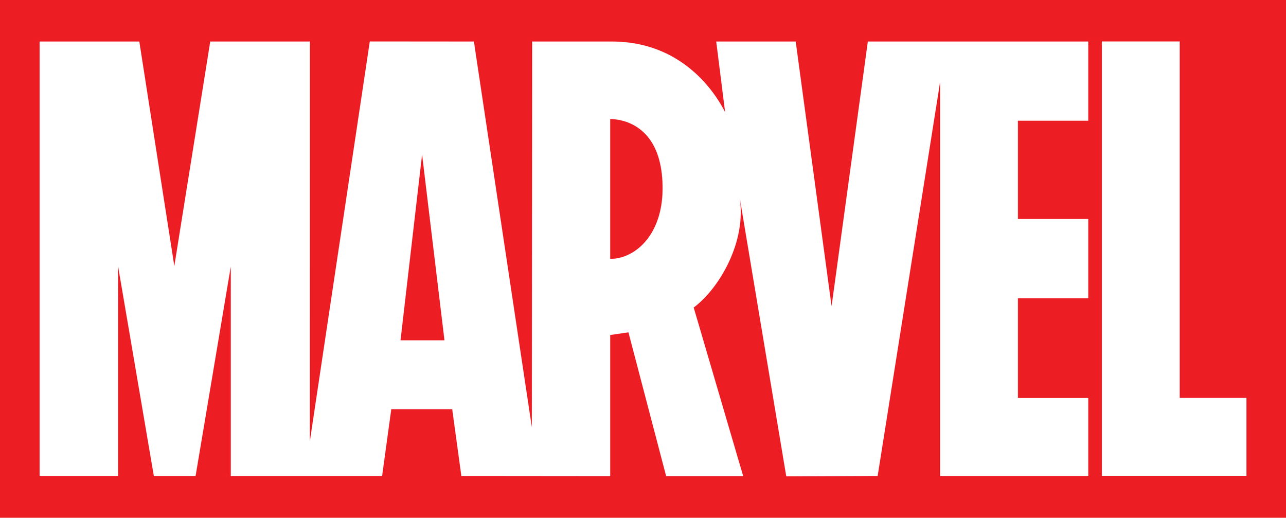 Marvel logo with large white letters on a red background.
