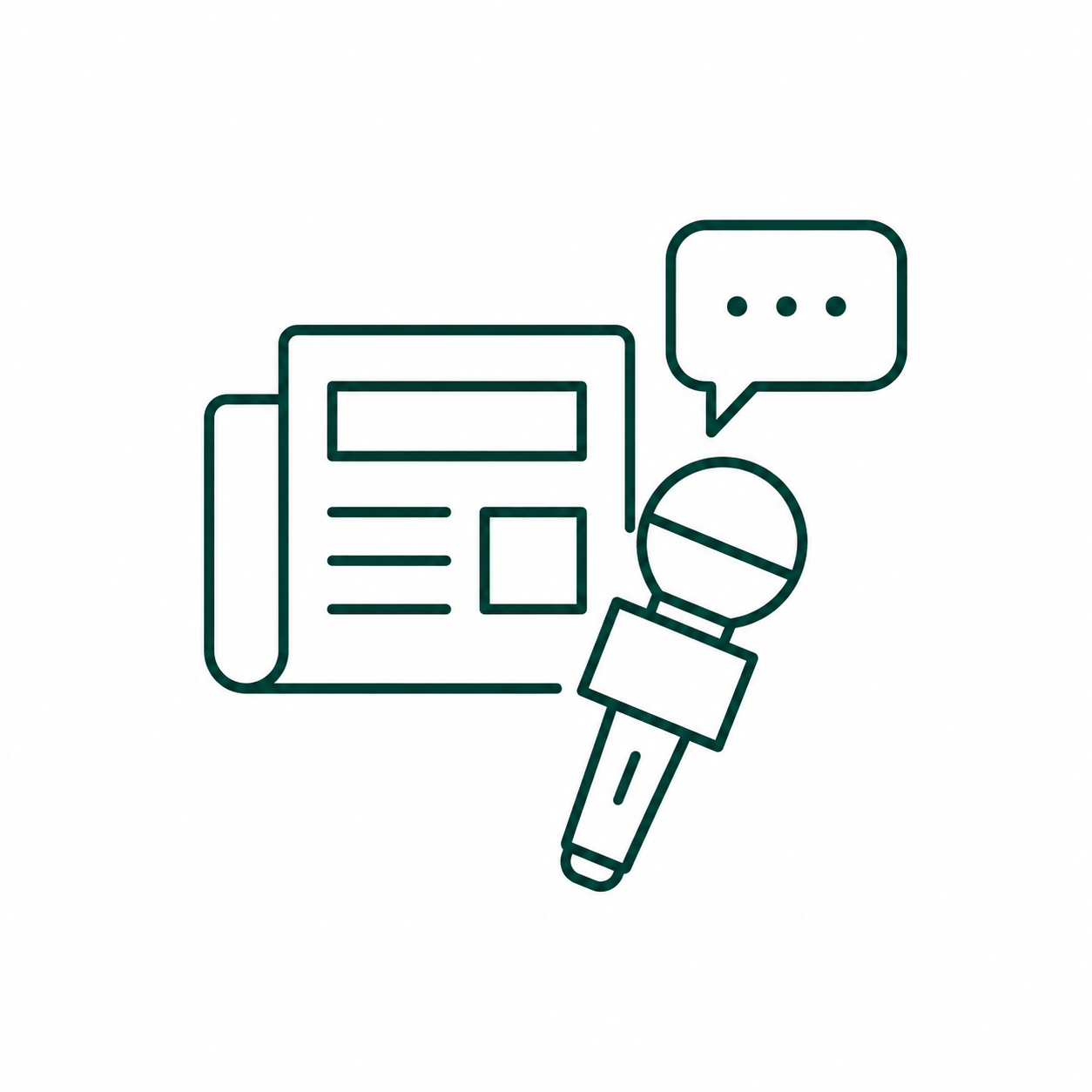 Ícone de telefone antigo, microfone e balão de fala com pontos, representando comunicação ou entrevista.