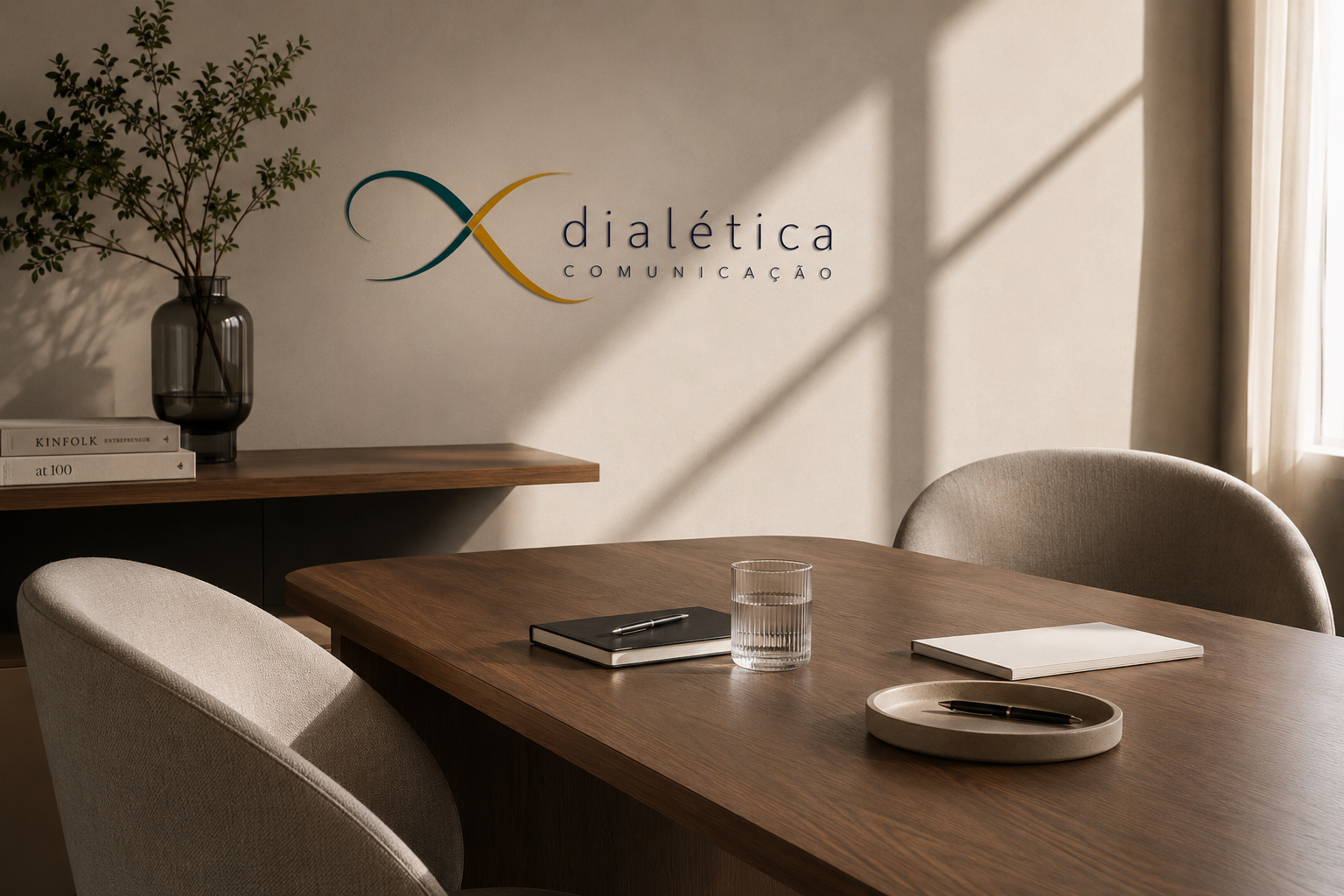 Sala de reunião com mesa de madeira, cadeiras de tecido bege, uma parede com logo da empresa 'dialética comunicação' e uma janela que deixa entrar luz natural, decorada com uma planta em um vaso escuro na prateleira.