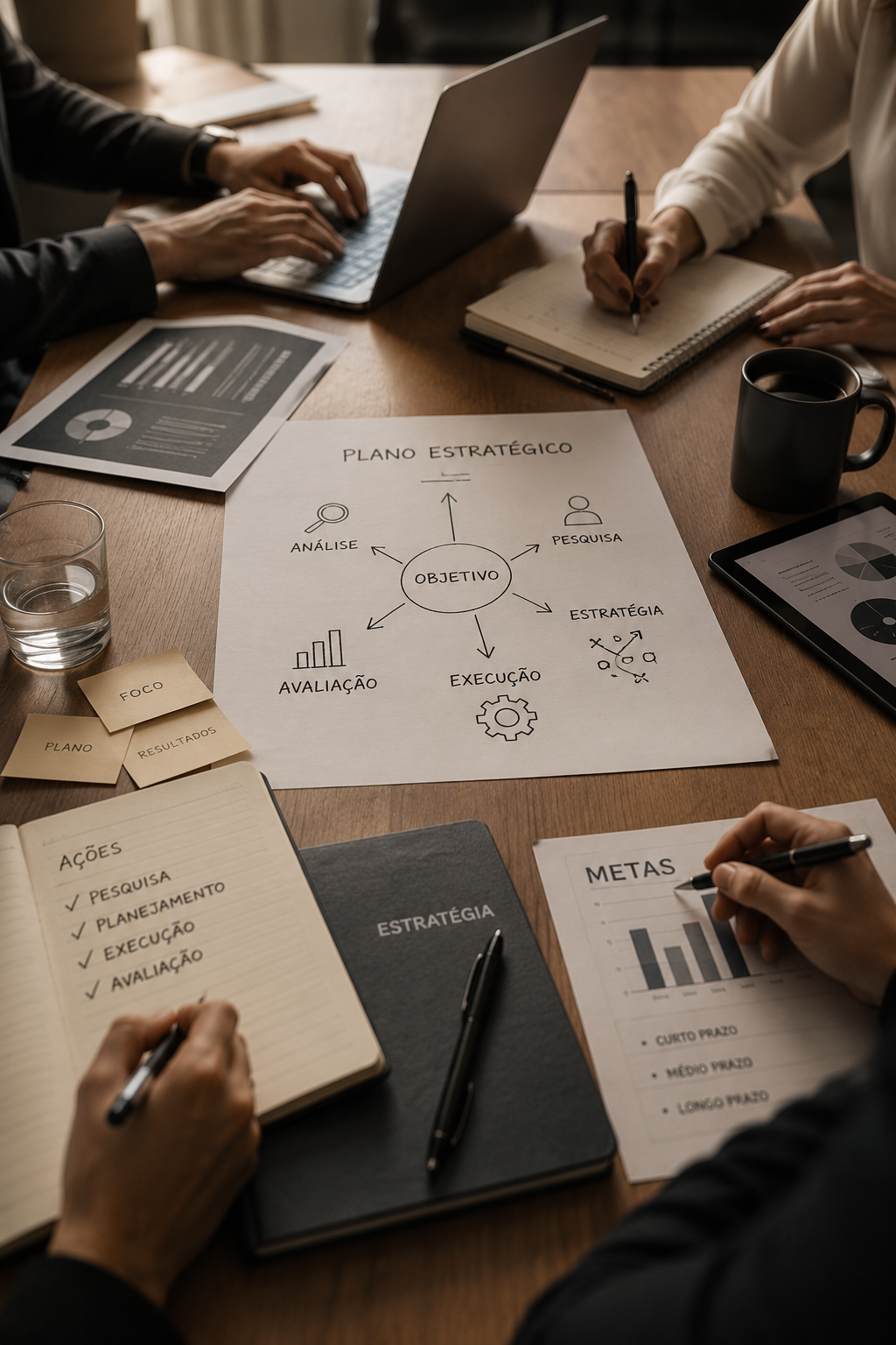 Reunião de trabalho com pessoas ao redor de uma mesa, discutindo planejamento estratégico com diagramas, notas e documentos.