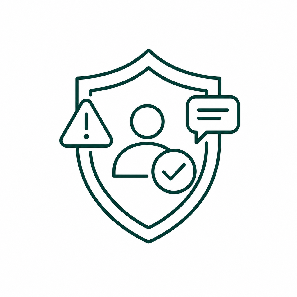 Escudo de proteção com símbolo de pessoa, check, aviso de alerta e balão de fala.