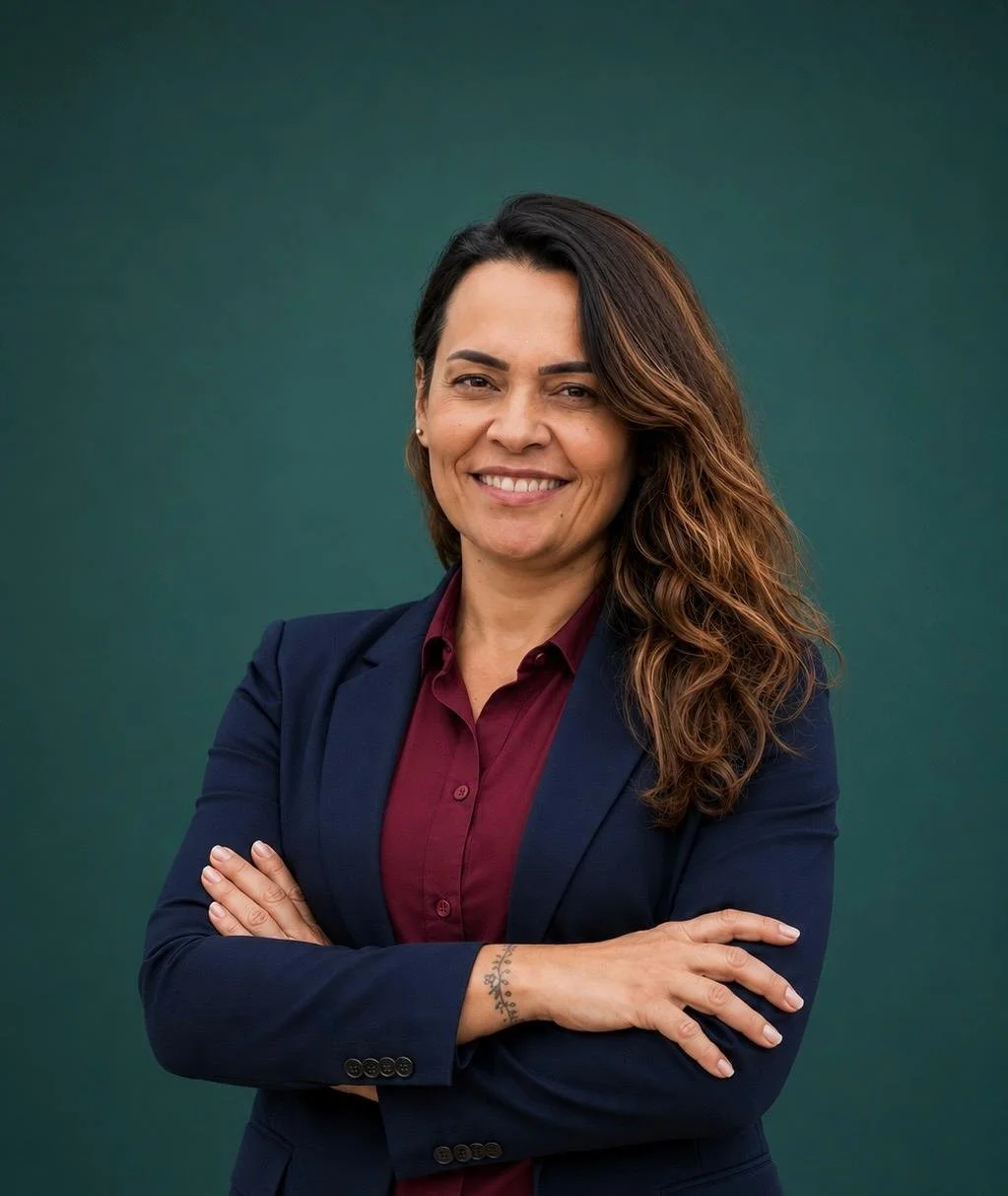 Mulher sorridente com cabelo castanho ondulado, vestindo blazer azul escuro e camisa vinho, com braço cruzado, contra fundo verde