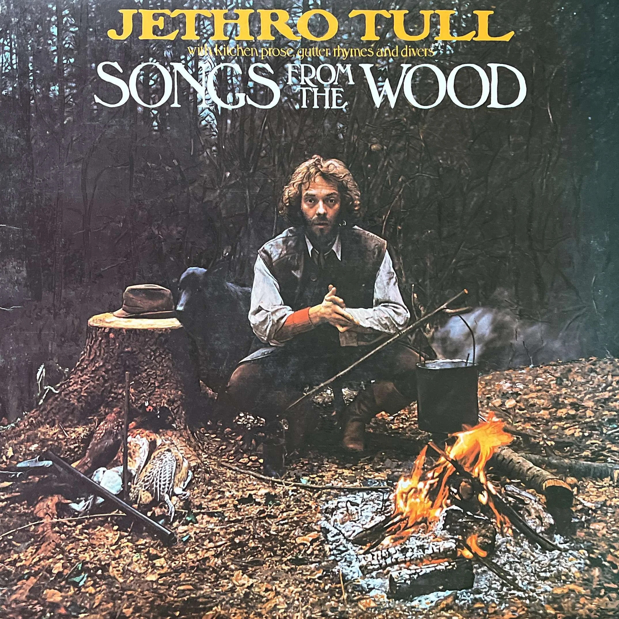 Album cover titled 'Songs from the Wood' by Jethro Tull, featuring Ian Anderson sitting in a forest with a campfire in front of him, and a stove and hat on a tree stump nearby.