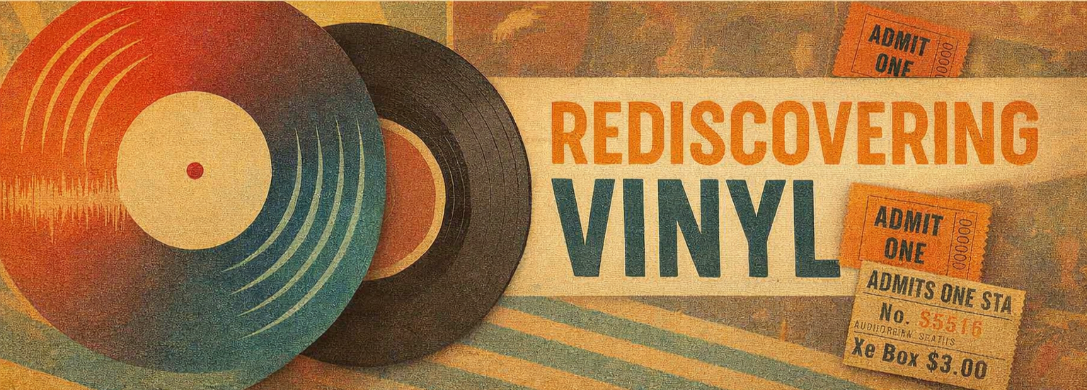 Vintage-style poster featuring vinyl records, tickets, and the text "Rediscovering Vinyl" in bold letters.