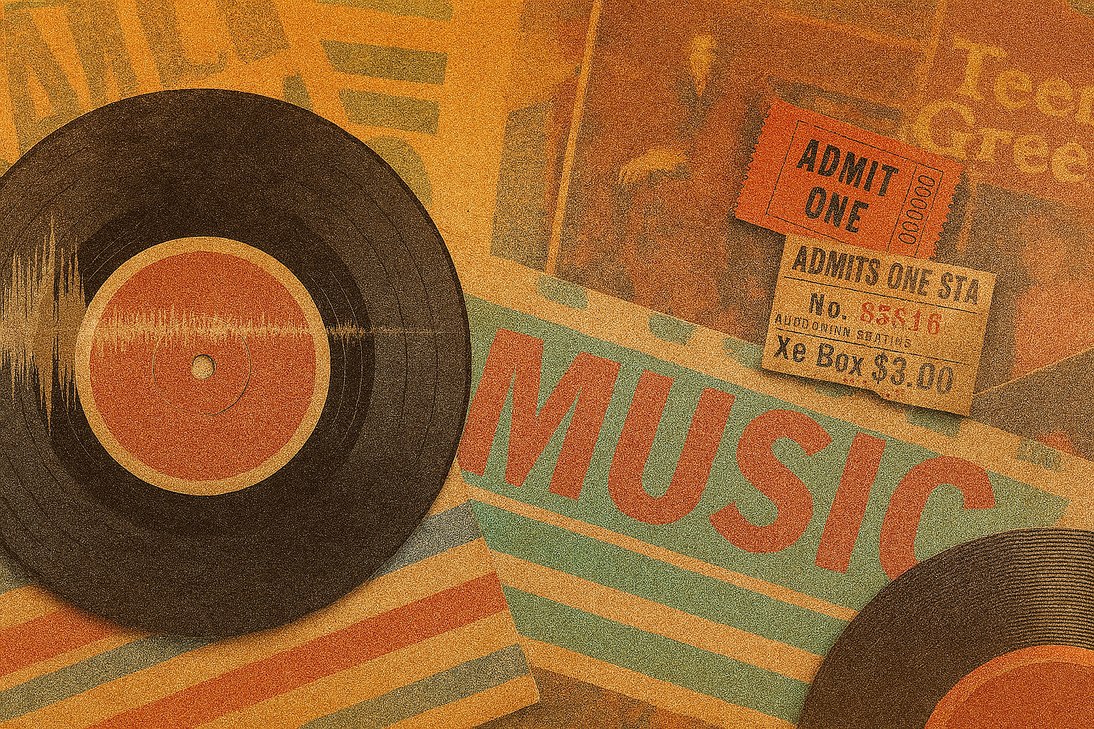 Close-up of vintage vinyl records, a box labeled 'MUSIC', and tickets with the word 'ADMIT' visible, indicating a music-themed setting.