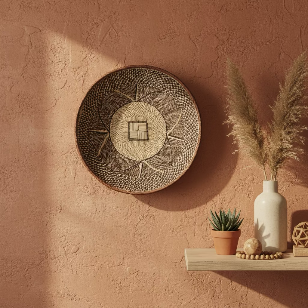 Decorative wall hanging with geometric patterns, placed on a peach-colored textured wall. A wooden shelf below holds a small potted succulent, a white vase with pampas grass, and decorative objects including a beaded ornament and a wooden geometric s
