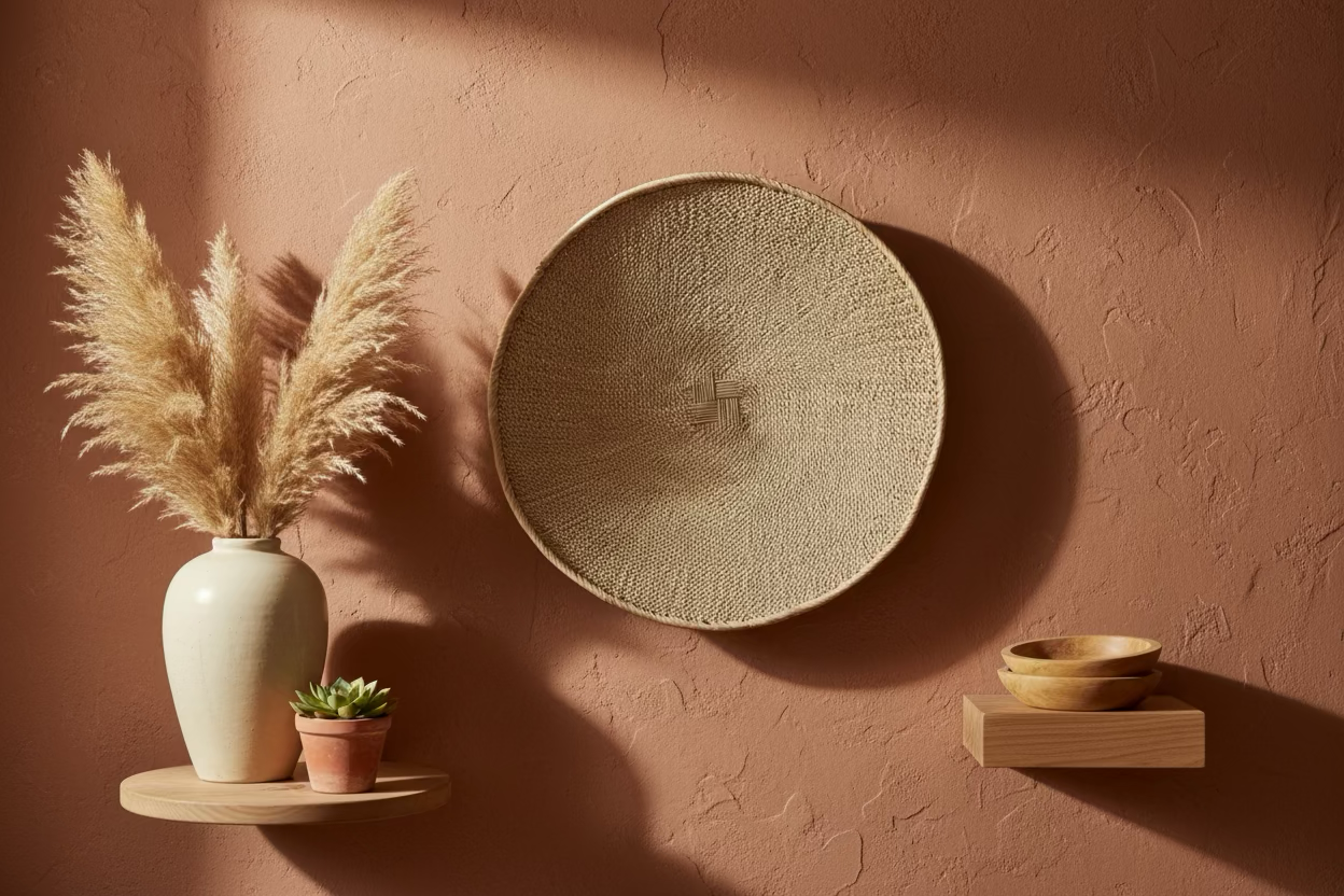 Decorative wall with a round textured basket, a ceramic vase with pampas grass, a small potted succulent, and a floating wooden shelf with wooden bowls.