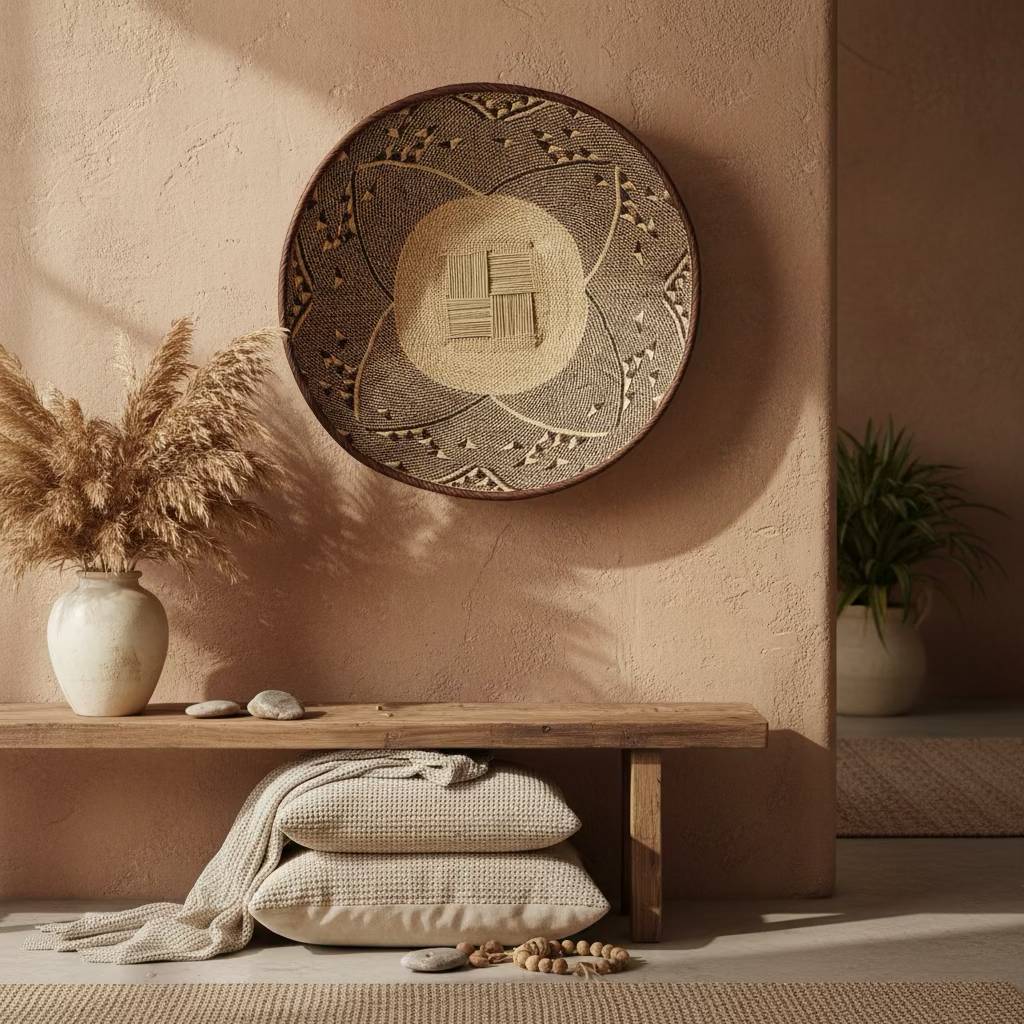 Decorative woven wall hanging above a wooden table with a beige pillow and blanket, and a vase with pampas grass, on a textured wall.