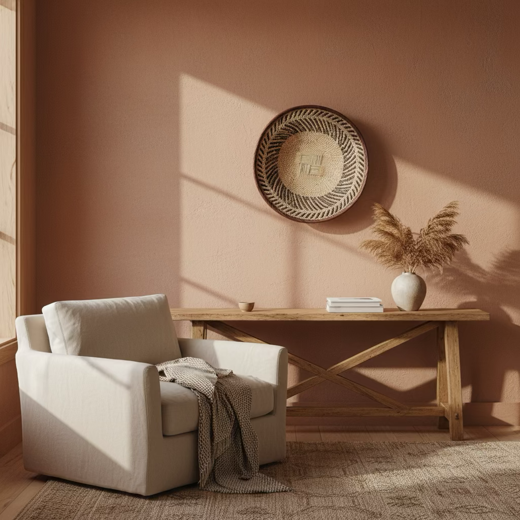 A living room corner with a beige armchair, a wooden console table, and a pink wall. The table has a white vase with dried grasses, a stack of books, and a small bowl. Sunlight casts shadows on the wall.