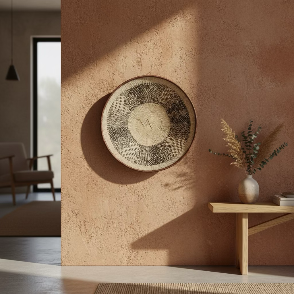 A beige wall with a round woven wall hanging and a wooden console table with a vase of dried grasses and eucalyptus leaves.