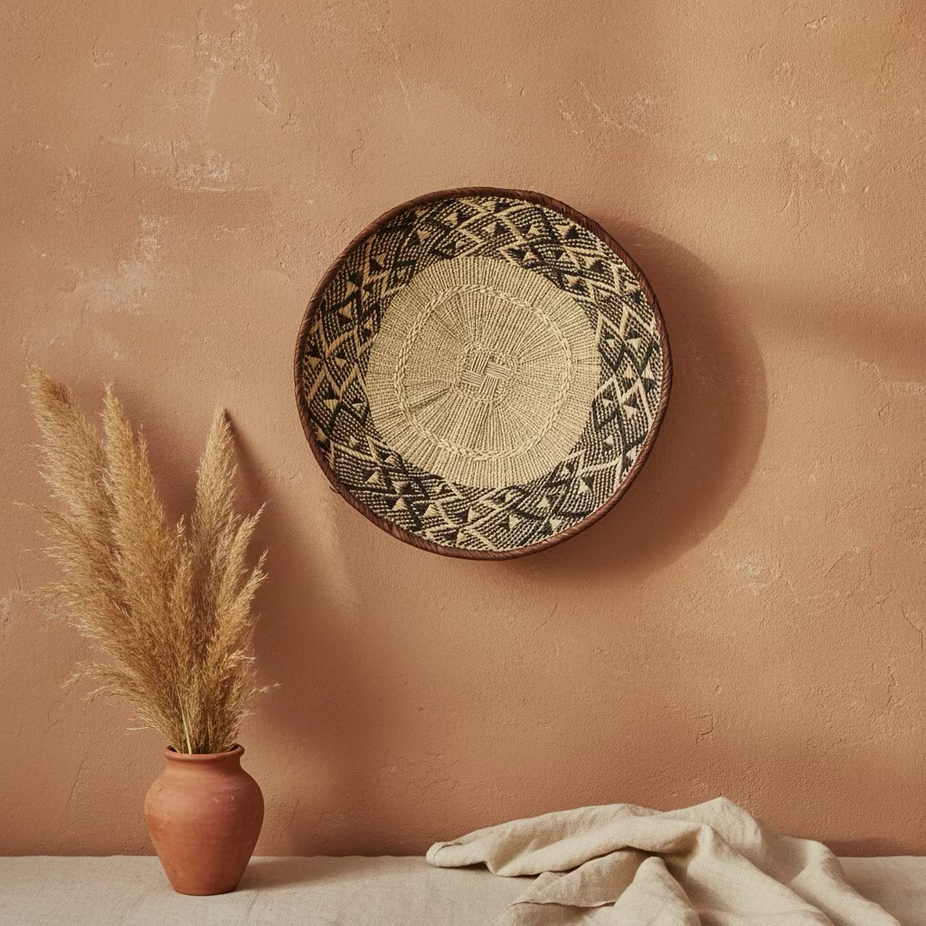 Decorative woven wall art hanging above a table, beige wall with texture, vase with dried pampas grass, and cloth on the table.