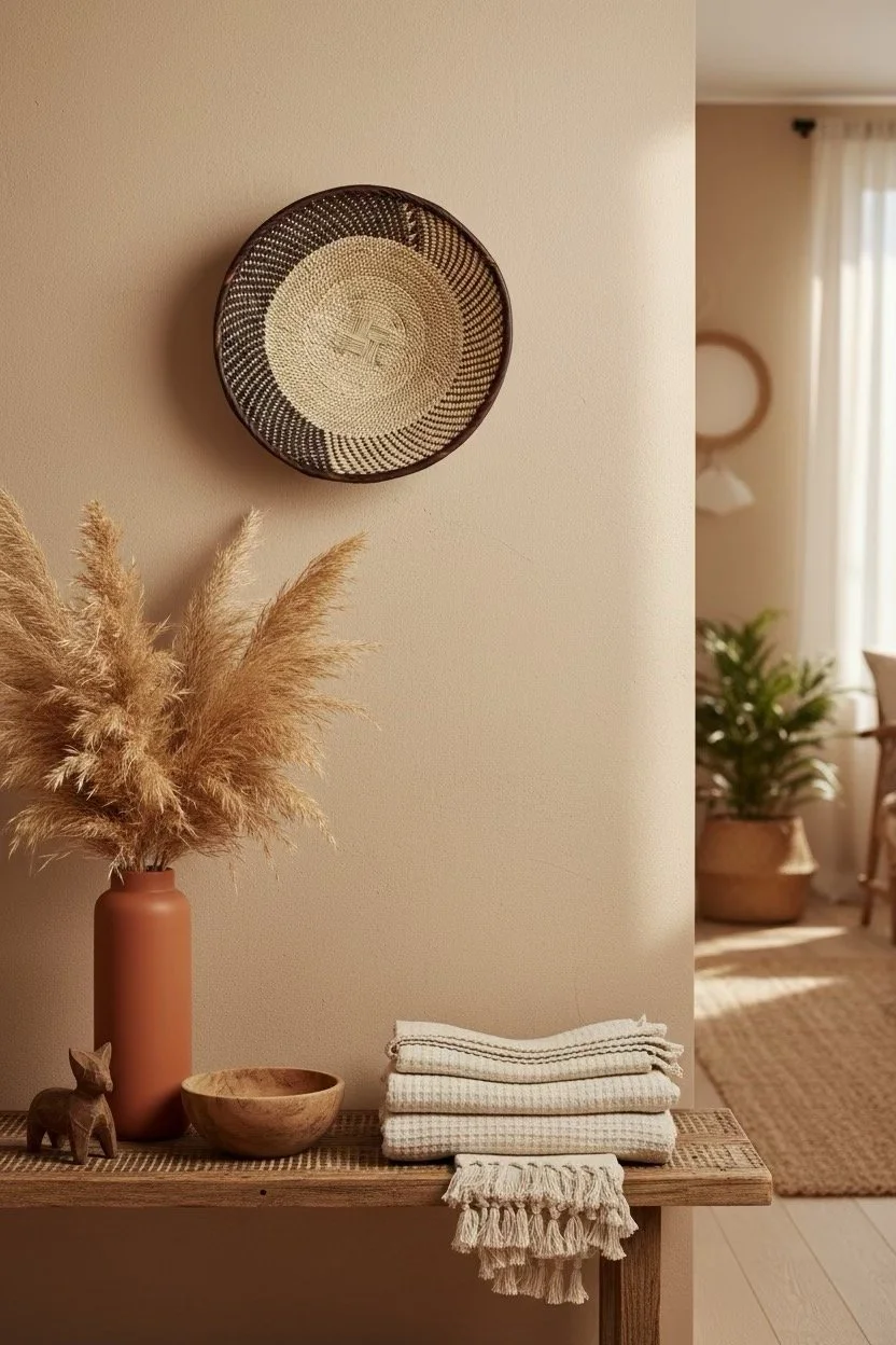 Decorative wall plate with swastika symbol above a wooden table with dried pampas grass in a pink vase, a small wooden animal figurine, a wooden bowl, and folded beige towels, in a cozy living space with natural light.