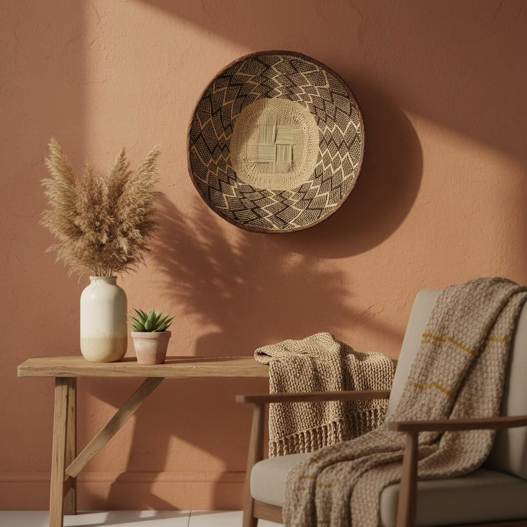 Decorative interior with a pink wall, a wooden console table holding a white vase with pampas grass, a small potted succulent, a cushioned chair with a beige textured blanket, and a woven basket wall art casting shadows.