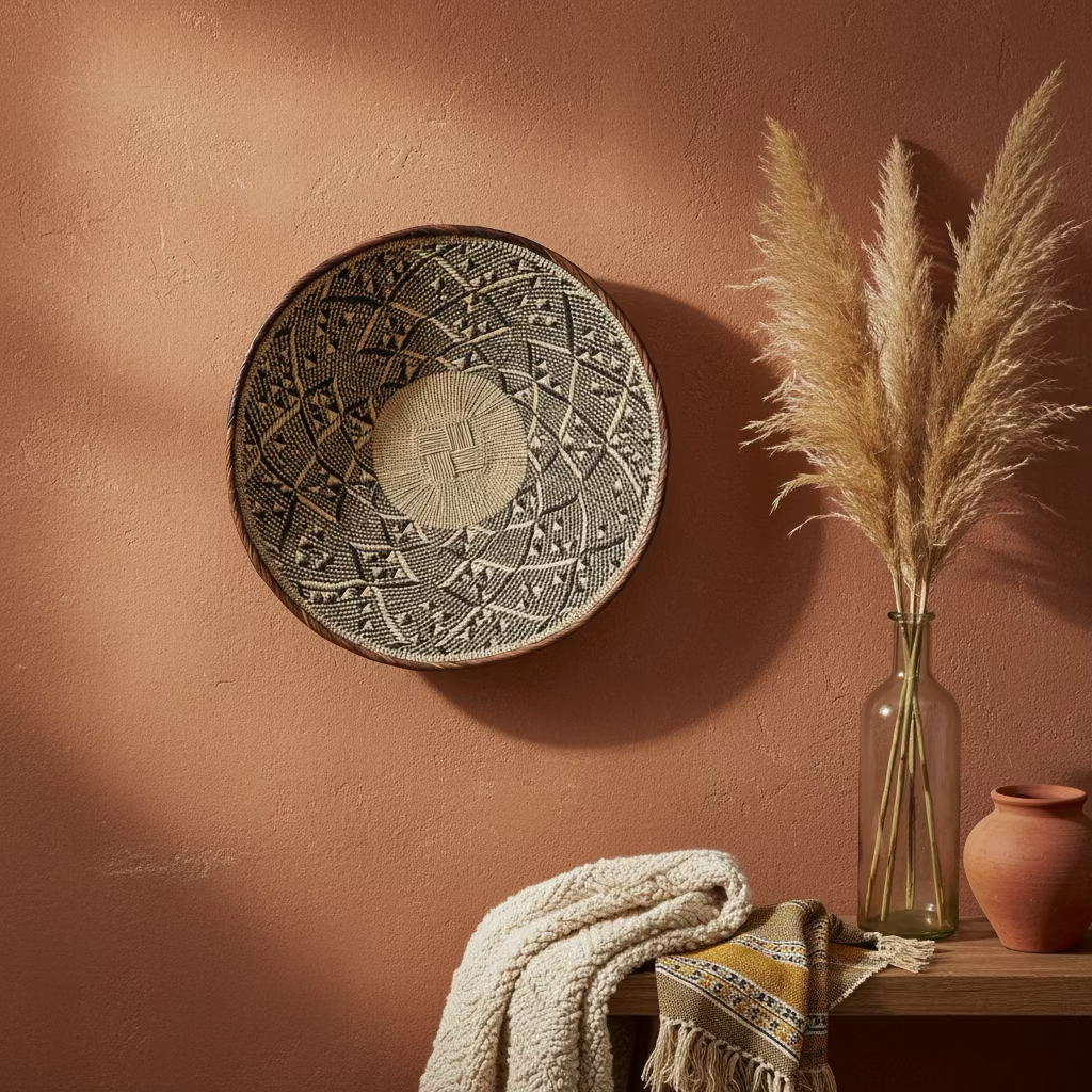 Decorative wall plate with intricate black and white geometric patterns, a tall clear vase with dried pampas grass, a small terra cotta pot, and a cozy folded blanket on a wooden surface against a warm brown wall.