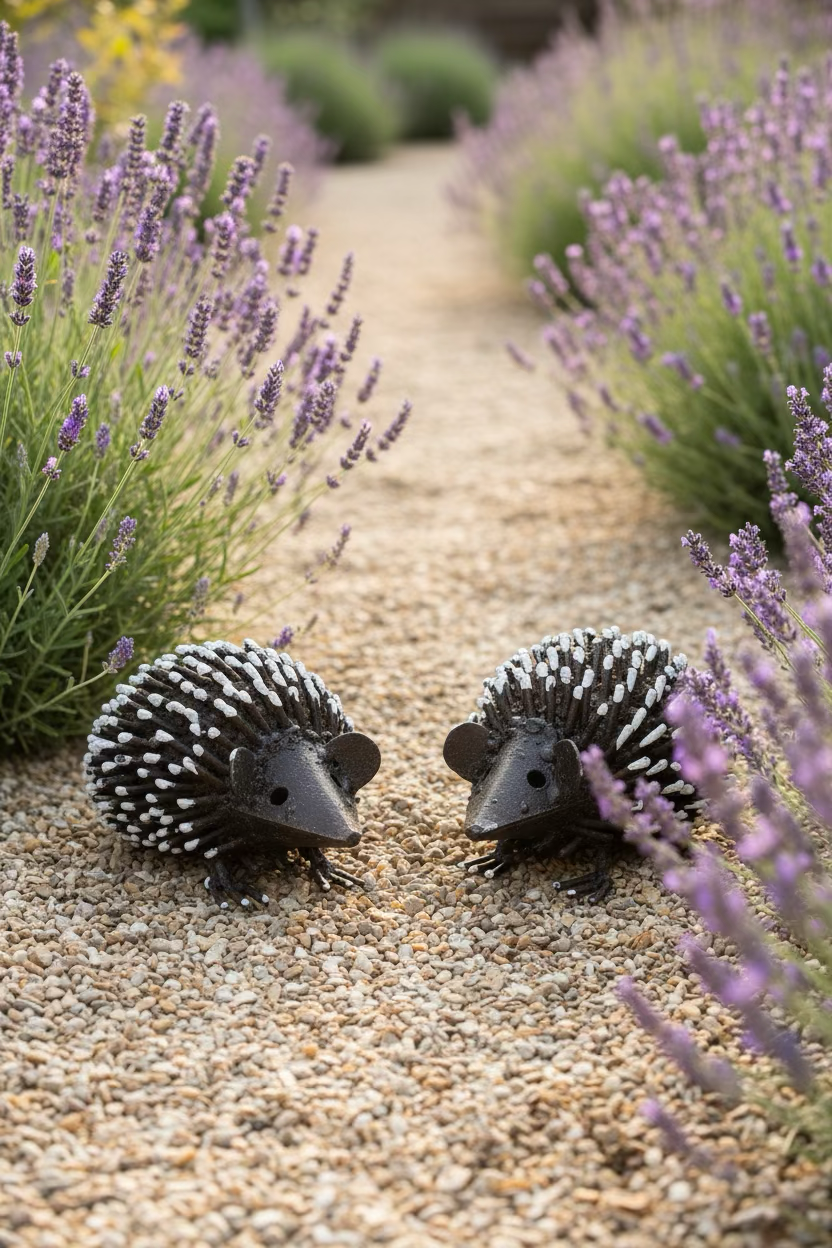 Two decorative hedgehog figurines on a gravel pathway, surrounded by purple lavender flowers on both sides in a garden setting.